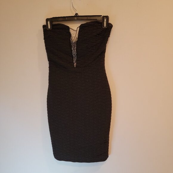 Tawny Strapless Black Mini Dress Mesh VNeck Plunge Crystal Embellishments Size S - Picture 1 of 7